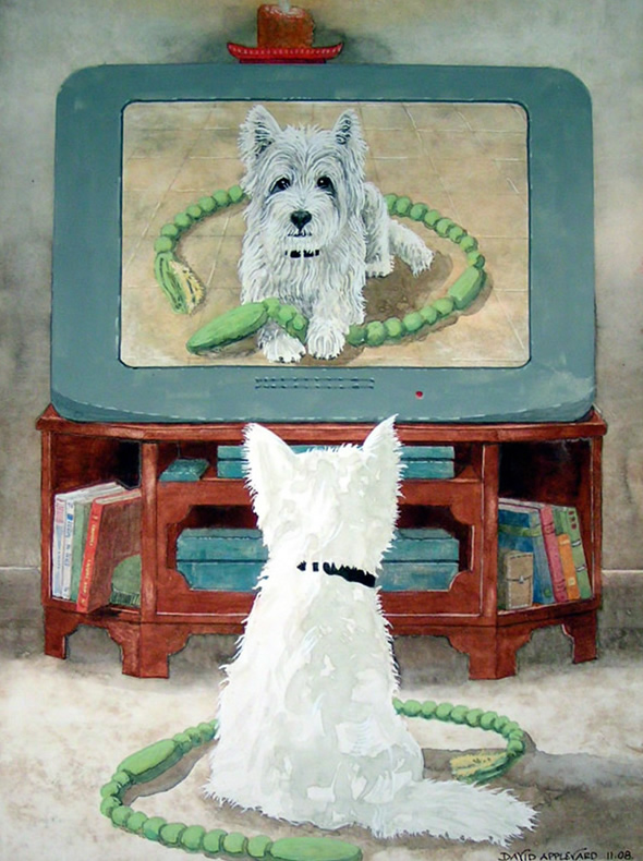 GEORGE (THE TELLY WATCHING DOG) painted by DAVID APPLEYARD
